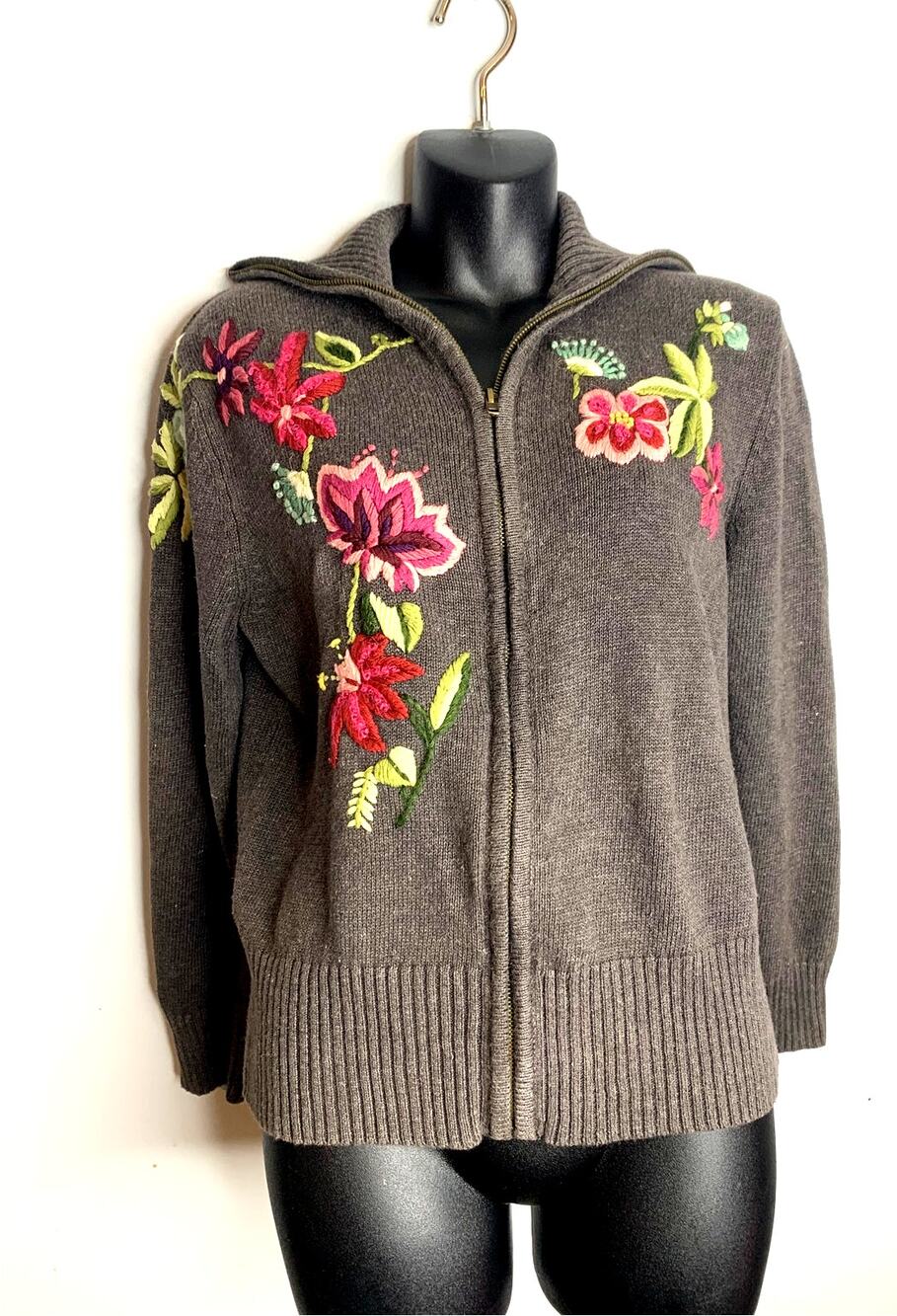 Tiara International Grey Floral Mock Neck Sweater Full Zip Cardigan Women's Med